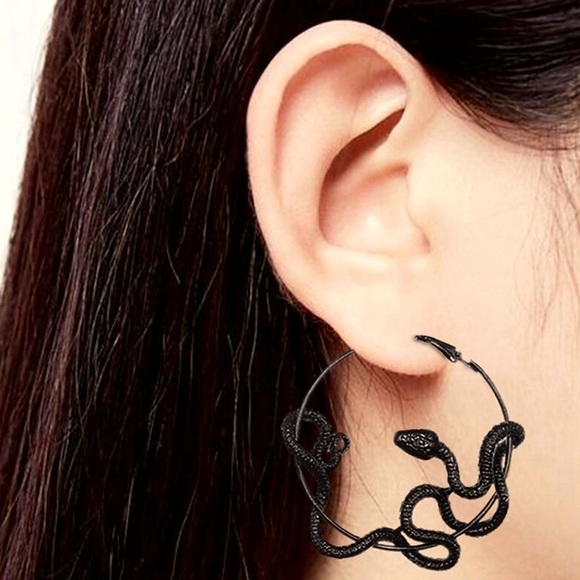 Black Coiled Serpent Hoop Earrings - Picture 5 of 7